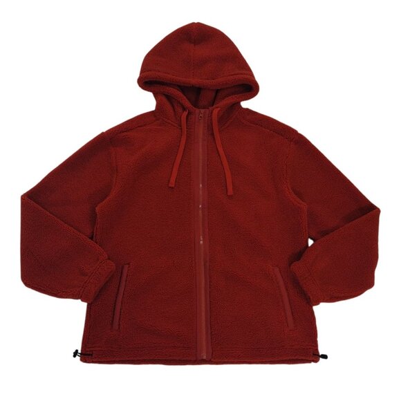 Originally used red sherpa hoodie with pockets, polyester, size M, NWT - Picture 1 of 8